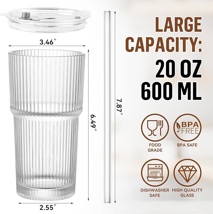 CWHHRN 20 Oz Glass Cups with Lid and Straw 2 Set, Glass Tumbler with Straw and Lid, Vintage Glassware for Whiskey Cocktail Beer, Iced Coffee Cups with Lid (2 PACK)