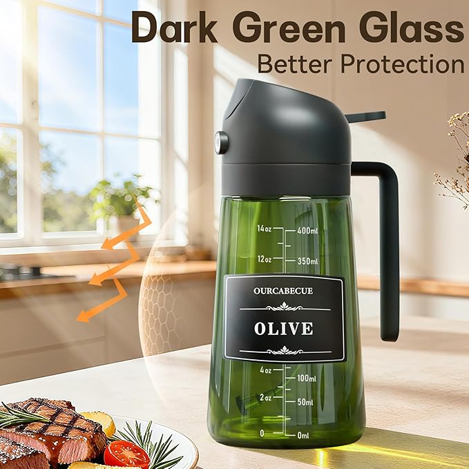 OURCABECUE Upgraded Made Oil Sprayer for Cooking 2 Set, 2 in 1 Spray and Pour Olive Oil Dispenser 16oz 470ml Dark Green Oil Spray Bottle, Mist Olive Oil Dispensing with Scale & 8 Labels