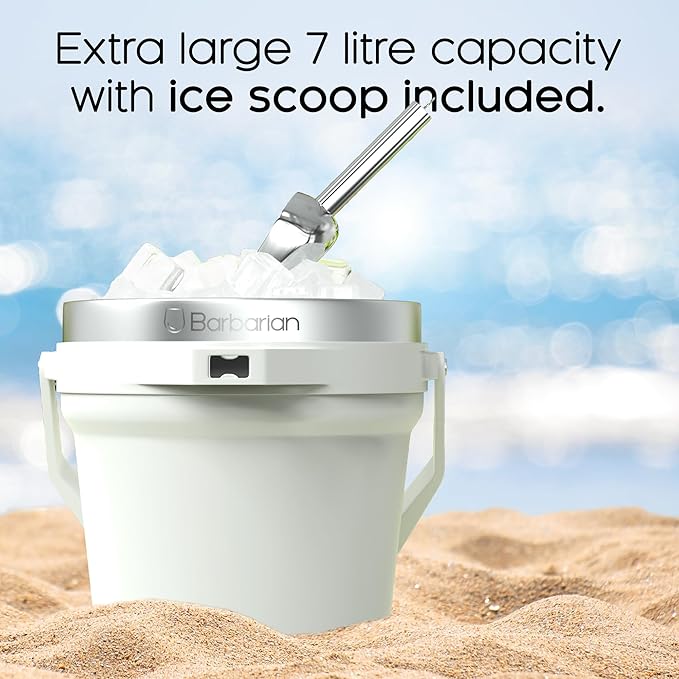 Barbarian Beverage Bucket, Double-Wall Vacuum Insulated Ice Bucket with Lid, Extra Large 7 Litre Capacity with Ice Scoop and Built-In Bottle Opener, White