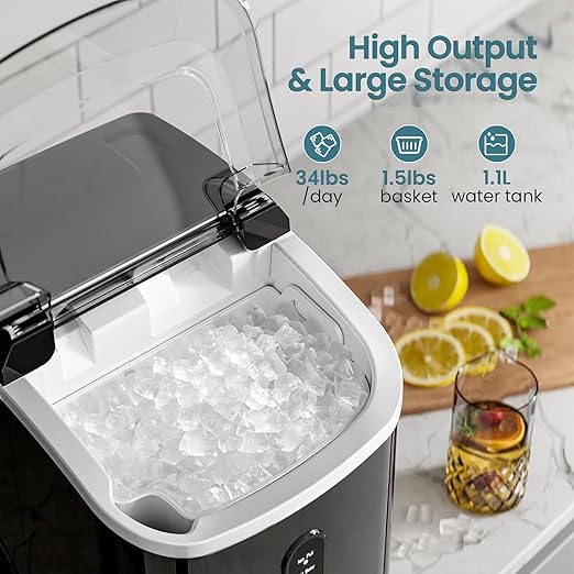 Antarctic Star Nugget Ice Maker Countertop, Chewable Pellet Ice Machine with Self Cleaning Function, Pebble Portable Ice Maker with Ice Scoop for Home Kitchen Office (Black)