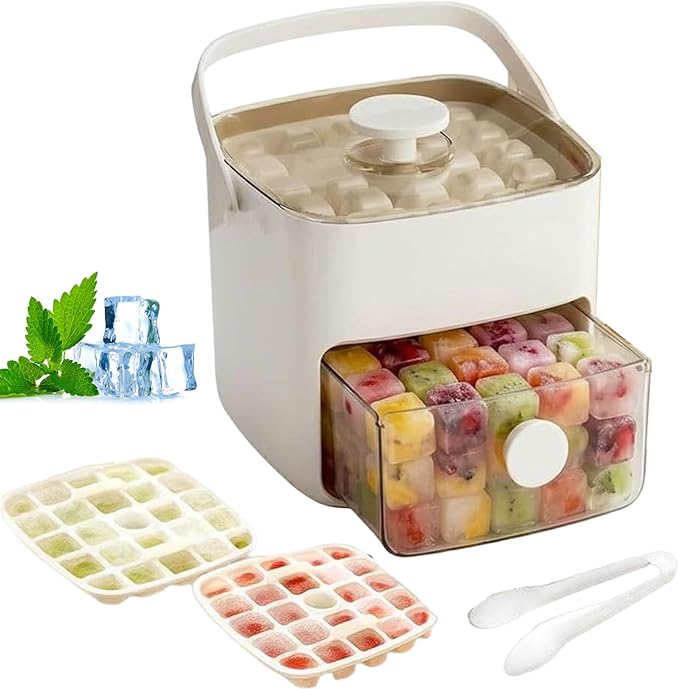 48 Cube Ice Maker With Easy Press Lid, Double Layer Portable Ice Maker with Lid and Storage Box for Freezer, Handled Press-Type Ice Cube Tray with Lid and Bin for Whiskey, Cocktail, Beer (White)