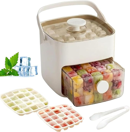 48 Cube Ice Maker With Easy Press Lid, Double Layer Portable Ice Maker with Lid and Storage Box for Freezer, Handled Press-Type Ice Cube Tray with Lid and Bin for Whiskey, Cocktail, Beer (White)