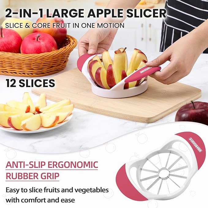 SCHVUBENR 12-Blade Apple Slicer and Corer - 4.72 Inch Sharp Stainless Steel Apple Cutter - Professional Apple Divider Tool for Quick Slices - Easy to Use & Clean - Slice Fruits with Ease - Pink