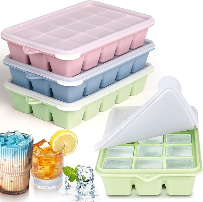 Upgraded Silicone Ice Cube Trays For Freezer with Lid, Spill-Proof Easy Release Silicone Ice Trays with Lids for Freezer, Coffee, Drinks, Cocktail, Baby Food, Juice, BPA Free, 3Pack
