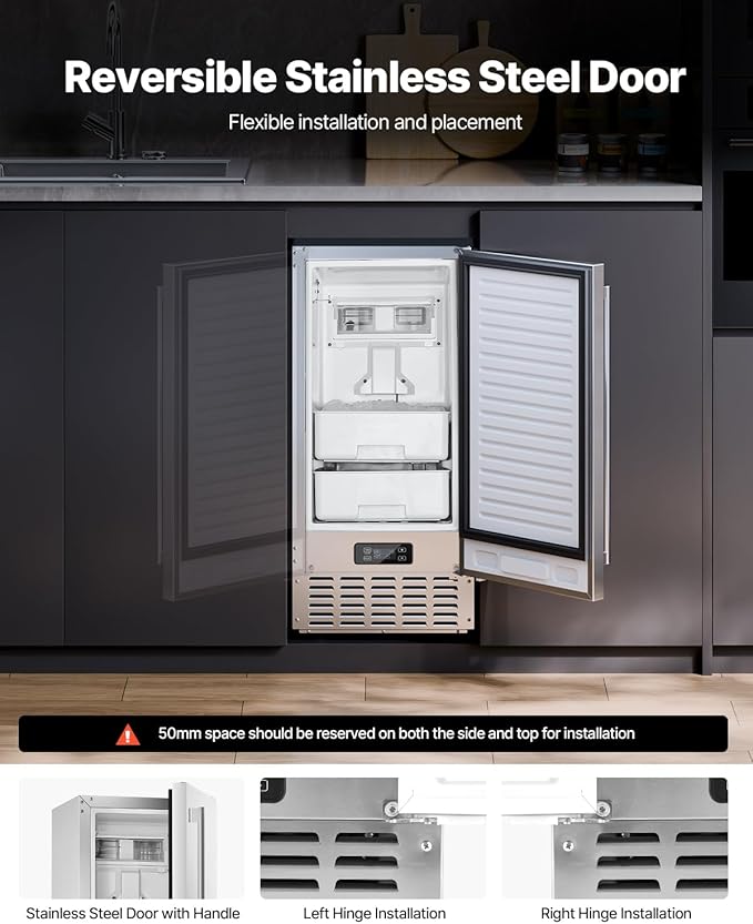 VEVOR Undercounter Built-in Ice Maker, 66 Lbs/Day Under Counter Nugget Ice Maker Machine with Reversible Door, Stainless Steel Freestanding Ice Maker for Commercial Home Kitchen, Electric Drainage