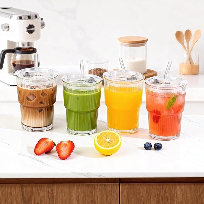 Ribbed Glass Tumbler with Lid and Straws, Resuable Ice Coffee Cups, To Go Iced Coffee Cups for Water, Smoothie, Matcha, Iced Tea Fruit Juice, Clear, 13oz, Set of 4
