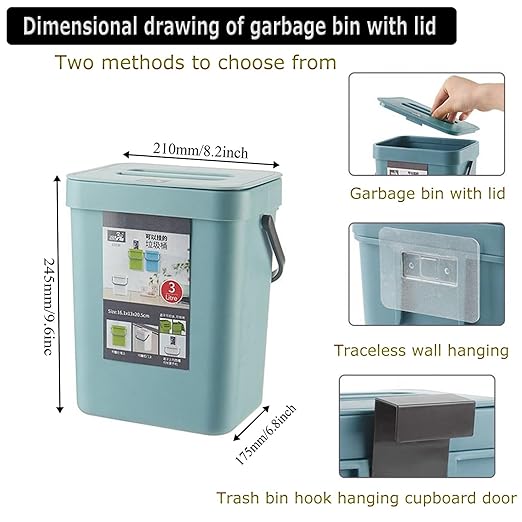 Small Trash Can with Lid Mini Kitchen Hanging Trash Can Tightly Sealed Odor Free, Small Countertop Compost Bin for Scraps from Daily Cooking, Mountable Trash Bin for Kitchen Counter, 5L (blue, 5L)