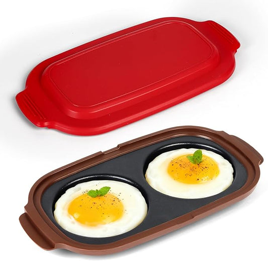 Microwave Egg Cooker, 2 Cavity Microwave Egg Fryer for Breakfast Sandwiches, Fast & Safe Cooking,Portable for Home, Easy to Clean，red