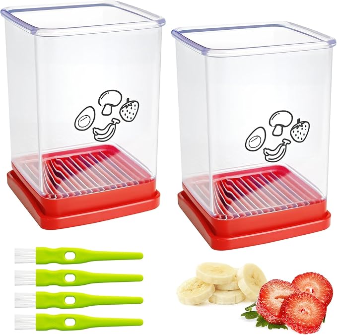 2Pcs Cup Slicer,Stainless Steel Fruit Slicer for Strawberry and Banana, Red Multifunctional Kitchen Portable Slicing Tool for Vegetable Salad