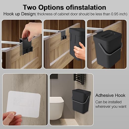 1.3 Gallon/5L Kitchen Compost Bin, Suitable for Countertops or Under Sink, Hanging Hook Trash Can with Lid, Ideal for Cabinets/Bathrooms/Bedrooms/Offices/Camping (Black)