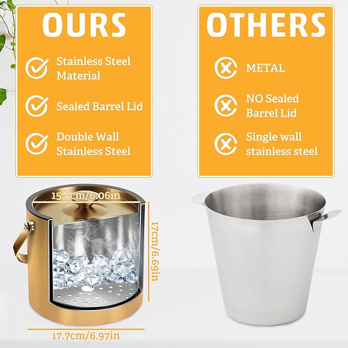 Gold Ice Bucket 3.2L – Double Wall Insulated Stainless Steel Ice Bucket with Lid, Scoop & Tongs – Large Champagne Bucket for Parties, Bar Cart, Outdoor Events, Cocktail & Wine Chilling