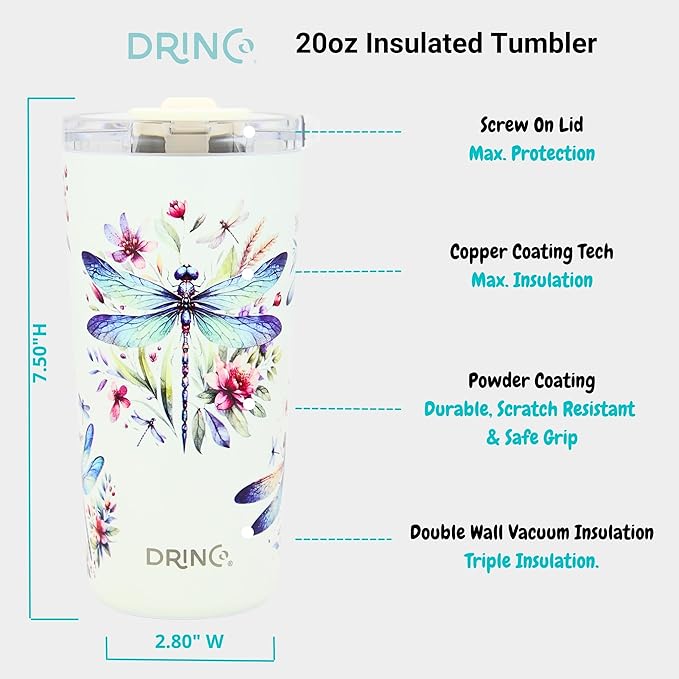 Drinco - 20 oz Stainless Steel Tumbler | Double Walled Vacuum Insulated Mug With Lid, 2 Straws, For Hot & Cold Drinks (20oz Dragonfly)