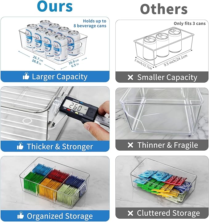 Mpotmiy Pantry Organizers and Storage , 8 Pack Snack Organizer for Pantry Shelf,Food Storage Bins with Divider,Clear Containers for Organizing,Transparent Plastic Basket,Refrigerator and Fridge Bins