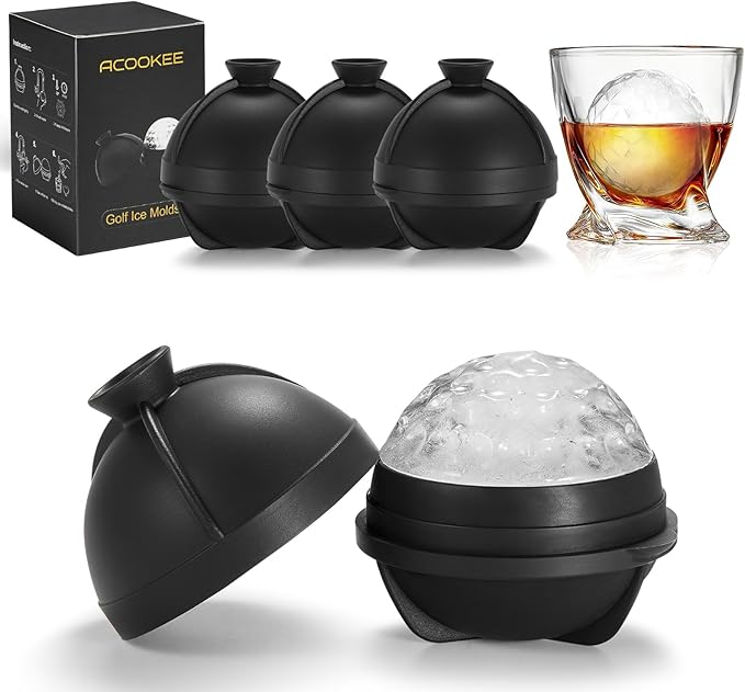 ACOOKEE Golf Gifts Ball Ice Maker Mold set of 4, 2.5" Large Sphere Round Ice Cube Mold for Whiskey, Cocktails, Coffee, Soda, Fun Drinks, and Gifts,Leak-Free, Reusable, BPA-Free