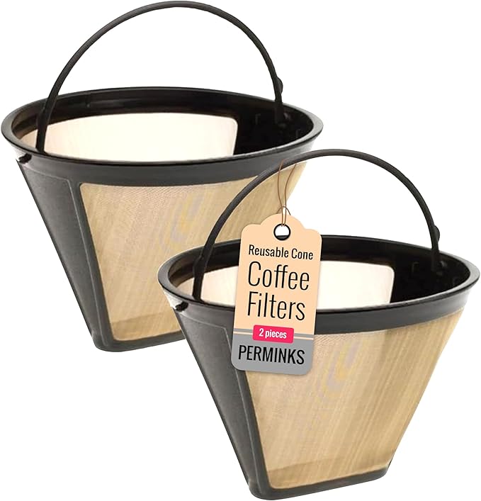 Reusable #4 Gold Tone Mesh Cone Coffee Filter Basket - Cuisinart Coffee Maker Filter Replacement for Ninja, Hamilton Beach, Breville, Moccamaster, Bonavita, Farberware, 2pcs