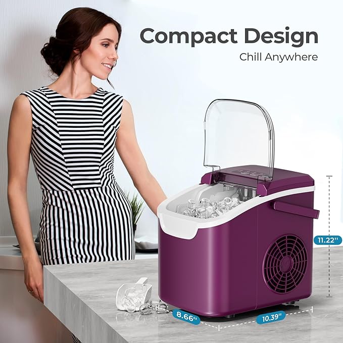 Countertop Ice Maker Machine, 8 Ice Cubes in 6 mins, 26lb/Day Bullet Ice with 2 Sizes- Portable Mini, Energy Saving & Basket/Scoop for Home/Party/Travel/Camping/Bar,Purple
