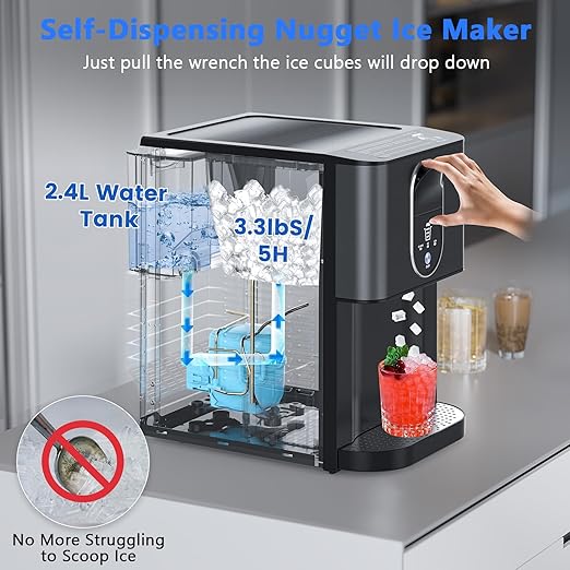 Kndko Nugget Ice Makers Countertop, 44lbs/24H Pebble Ice Machine with Self-Cleaning Dispenser, Soft Chewable Pellet Ice, 3.3lbs Storage for Home/Kitchen/Office/Party, Black