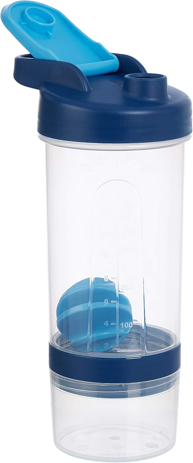 Amazon Basics Leak Proof Protein Shaker Bottle with Mixer Ball and Compartments, Portable, Dishwasher Safe, 20 oz, Blue, 2-Pack