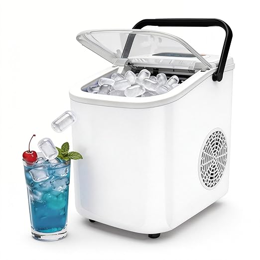 Small Portable Countertop Ice Maker, 26lbs/24H Ice Machine with Self-Cleaning, 6-8 Mins Fast Ice Making,Quiet Operation, Compact Ice Maker with Handle for Home Kitchen Camping RV (White, 26lbs)