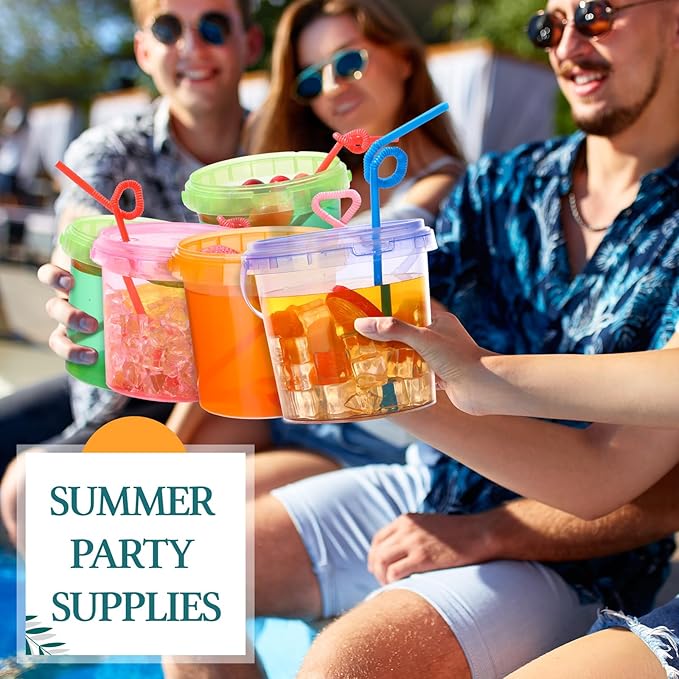 Funnymoom 16 Pack 32 oz Plastic Rum Buckets for Drinks with Straws Ice Cream Cocktail Bucket with Lids and Handles Reusable Food Containers Cup for Parties Summer Beach Bar Beer (Muticolor)