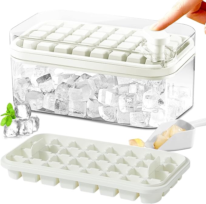 Ice Cube Tray with Lid and Bin, 2 Pack for Freezer, 64 Pcs Ice Cube Mold (White)