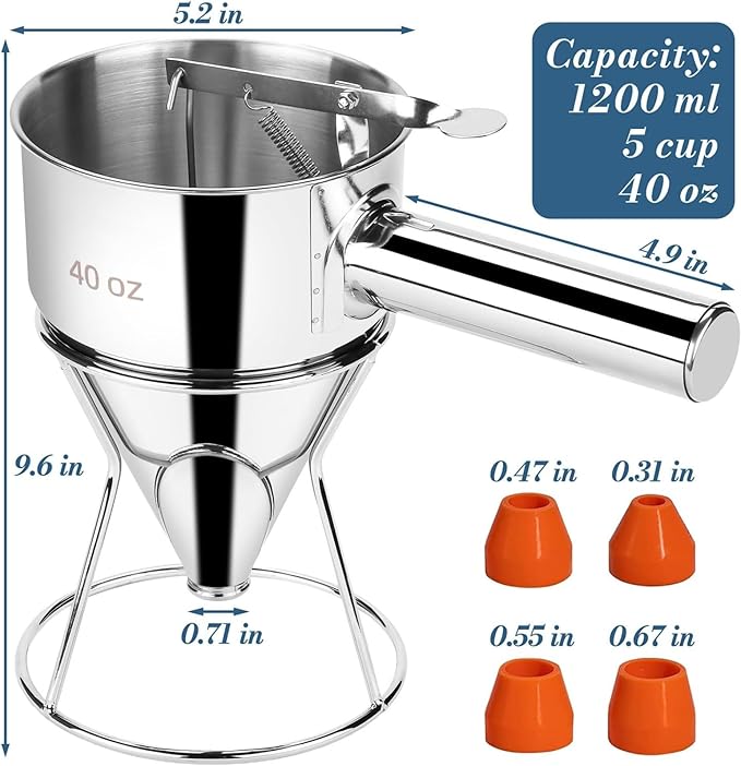 Stainless Steel Pancake Batter Dispenser with Squeeze Handle, Multi-Nozzle Funnel Cake Stand for Pancakes, Cupcakes, Takoyaki, Chocolate Balls, and Baked Goods, Multi-Caliber Design (1200 ml)