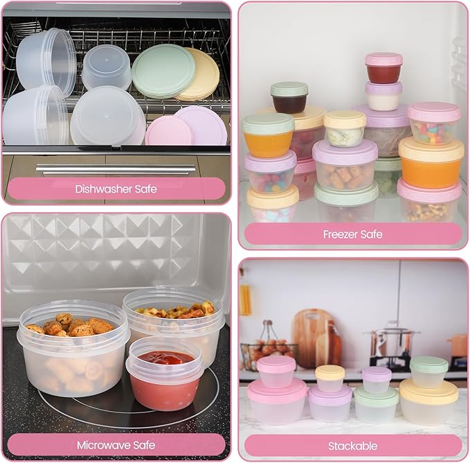 16 Piece Food Storage Containers with Lids (1Oz-45Oz), Leakproof BPA-Free Bowls Set with Pastel Color Lids for Soup, Snacks, Condiment, Salad Dressing & Sauce, Space Saving Nesting Design
