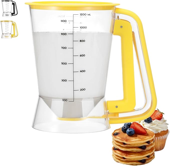 Pancake Batter Dispenser 5-Cup Batter Pourer for Maker Pancakes, Waffles, Crepes, Muffins, Cupcakes, Easy Squeeze Grip Handle with Proof Nozzle, Precise Baking Tools（Yellow）