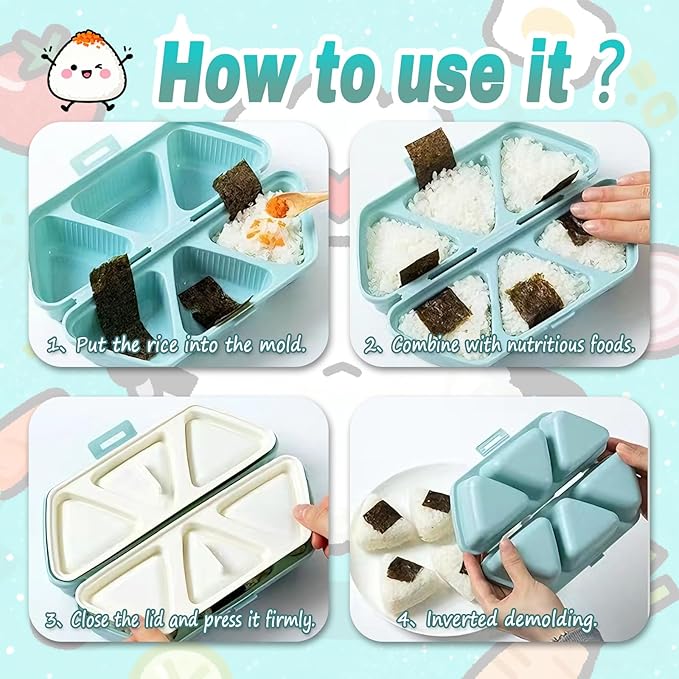 Onigiri Mold,6 in 1 Triangle Sushi Making Kit,Portable Rice Ball Mold Once Quickly Making 6 Pcs Onigiris,Multifunctional Sushi Kit for Home Kitchen Meal Prep（Blue）