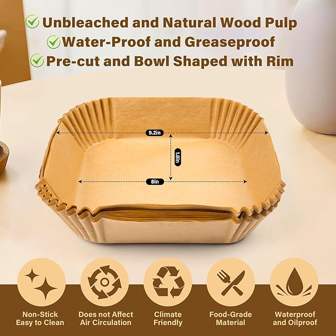 Air Fryer Liners Disposable 150Pcs, 8" Square Parchment Paper Liner for Air Fryer, Baking, Roasting and Microwave, Non-Stick Airfyer Liners Accessories