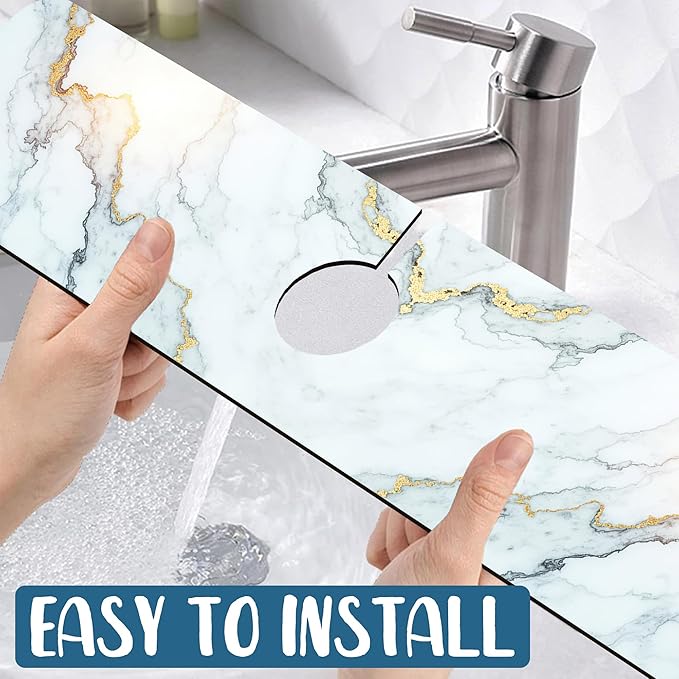 Marble Pattern Sink Splash Guard Gray Gold Marble Faucet Absorbing Mat Fast Drying Mat Sink Gadgets Splash Guard Behind Faucet Drip Catcher for Kitchen Bathroom, 23.5"x5.5"