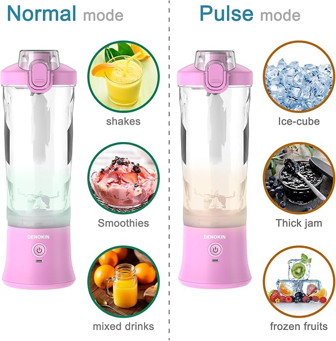 DENOKIN Portable Blender, Shakes and Smoothies Cordless Personal Size Blender 20oz with 6 Blade and a Travel Lid (Purpleish Pink)