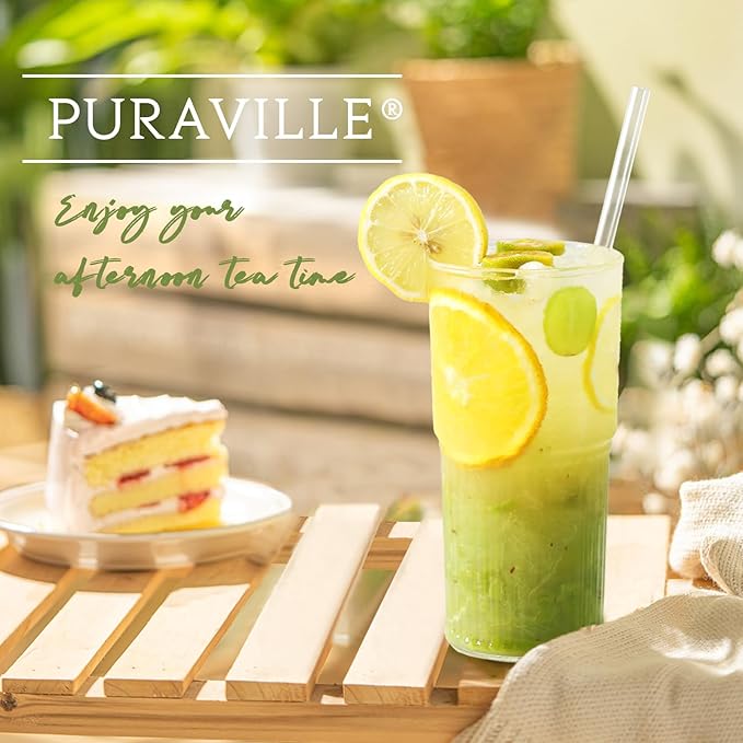 Puraville 20oz Glass Cups with Lids and Straws, 4 Pack High Borosilicate Iced Coffee Cups Drinking Glasses Tumbler for Smoothie, Water, Tea, Juice Drinks, Clear