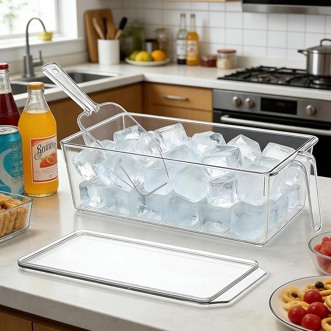 CIEOVO 2 Set Ice Bin for Freezer with Lid and 2 Scoop Set Plastic Freezer Ice Bin with Pull-Out Handle Clear Storage Bucket Kitchen Food Storage Organizer for Home Office Fridge Kitchen