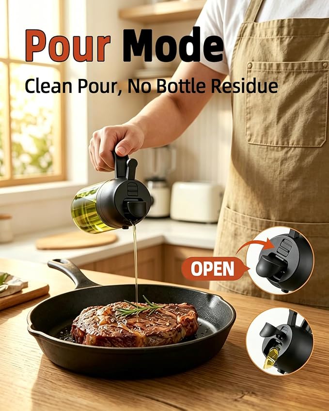 16oz/470ml Oil Sprayer for Cooking, 2 in 1 Oil Dispenser for Kitchen, Olive Oil Sprayer, Food Grade Glass Bottle for Kitchen Gadgets, Air Fryer Accessories, Salad, BBQ (Black)