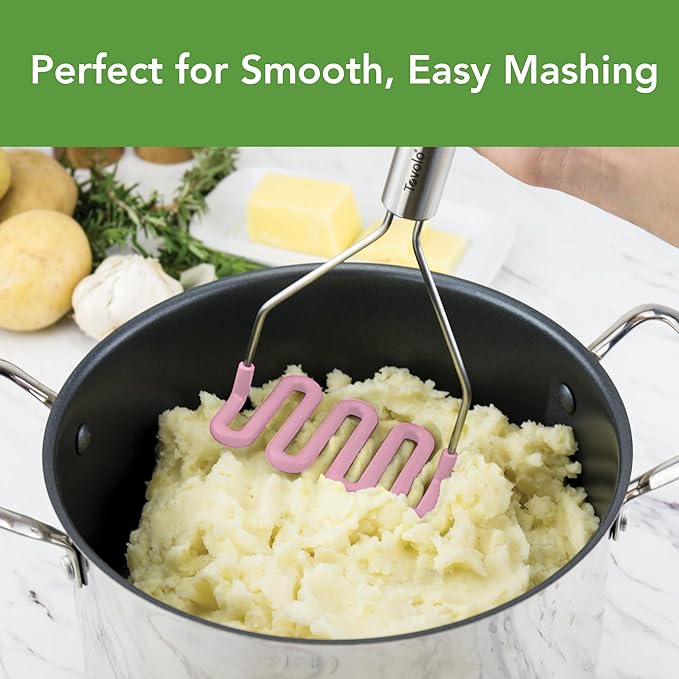 Tovolo Silicone Potato Masher Stainless Steel Handle Pink Sorbet Dishwasher Safe Heat Resistant Non Scratch Handheld Coil Wire Potato Smasher for Nonstick Pans Ergonomic Kitchen Food Prep Tool