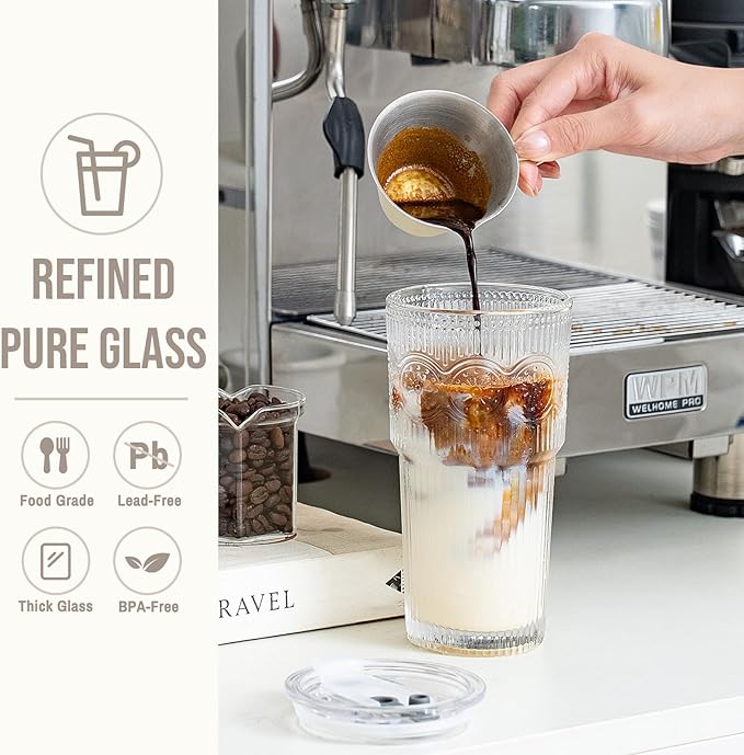 SoulTimes 20oz Ribbed & Floral Glass Tumbler Set of 4 – Reusable Glass Cups with Lid and Glass Straw, To-Go Iced Coffee Cups for Water, Smoothie, Milk, Cocktail & More – Perfect for Daily Use & Travel