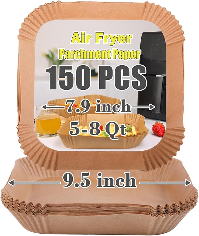GOAUS Air Fryer Square Paper Liners Disposable Large 150 Pcs for 5 to 8 Qt Basket, 7.9 inch Unbleached Non-stick Oil-proof Parchment Paper