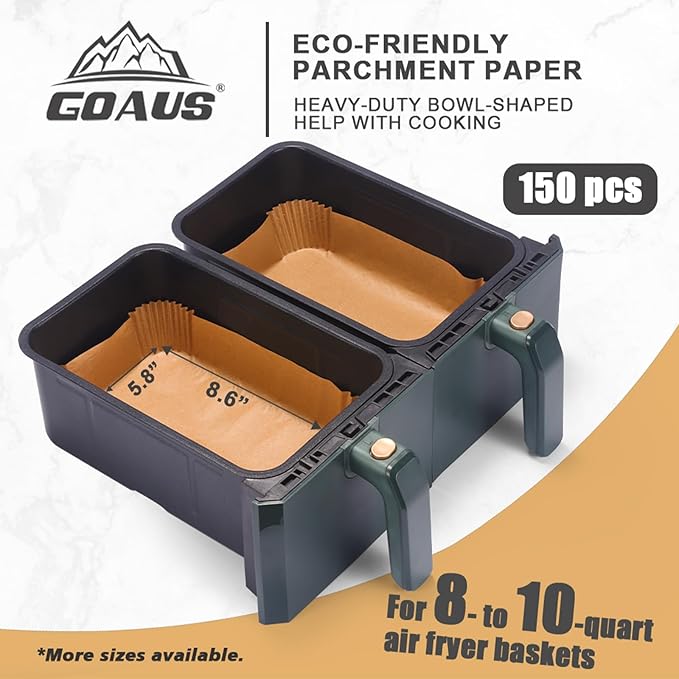 GOAUS Air Fryer 150 Pcs Rectangular Paper Liners Disposable for Dual Air Fryer 2 Baskets 8 to 10 Qt, 8.6x5.5 inches Parchment Paper Rectangle, Fit Ninja DZ201 DZ401 SL401