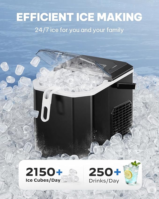 Silonn Countertop Ice Maker, Portable Bullet Ice Machine with Handle, 26 lbs/Day, 9 Ice Cubes in 6 Minutes, Self-Cleaning, Includes Basket & Scoop, for Home Kitchen Camping RV