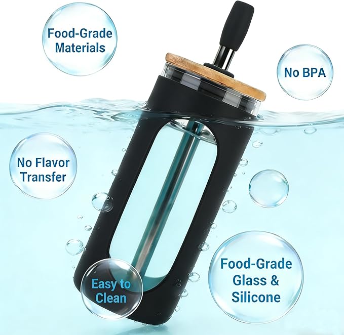 Sursip 20 oz Glass Tumbler with Lids and Straws, Reusable Borosilicate Glass Iced Coffee Cup with Bamboo Lid for Smoothie Boba Juice,Travel BPA-Free - Black