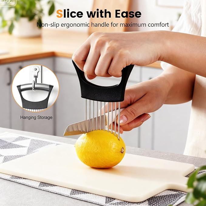 Onion Holder for Slicing, 304 Stainless Steel Onion Slicer Holder, Tomato & Vegetable Cutter, Fruit Slicer & Meat Tenderizer, Ergonomic Kitchen Gadget for Safe, Even & Odor-Free Cutting, Home Cooking
