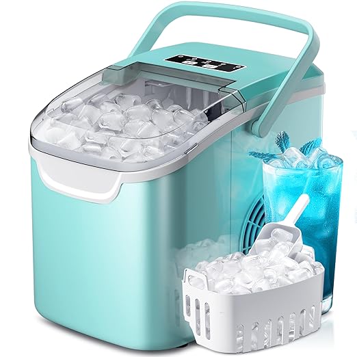 Crzoe Ice Makers Countertop with Handle, 2 Sizes of Ice, 8 Bullet Ice Cubes in 6 Mins, 26Lbs/24H, Portable Ice Maker with Self-Cleaning, Ice Machine for Home&Kitchen&Office&Party(Green)