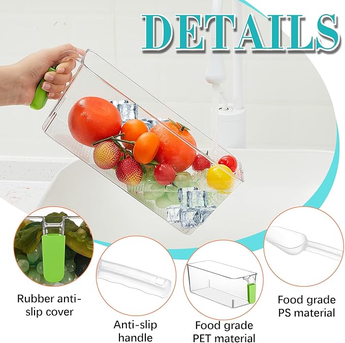 Havawish Ice Storage Bin and Flexible Scoop Set Plastic Freezer Bin with Pull Out Handle Storage Bucket Clear for Container with Scoop(Green,10.83 x 4.92 x 4.33 in,Classic)