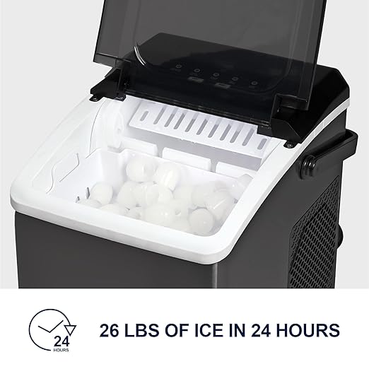 Koolatron KIM26-B Ice Makers Countertop, Portable Ice Maker, 26lbs/24Hrs 9 Bullet Ice Cubes Ready in 7 Mins, Self-Cleaning Function, L&S Size, with Ice Scoop and Basket, Perfect for Party, Black