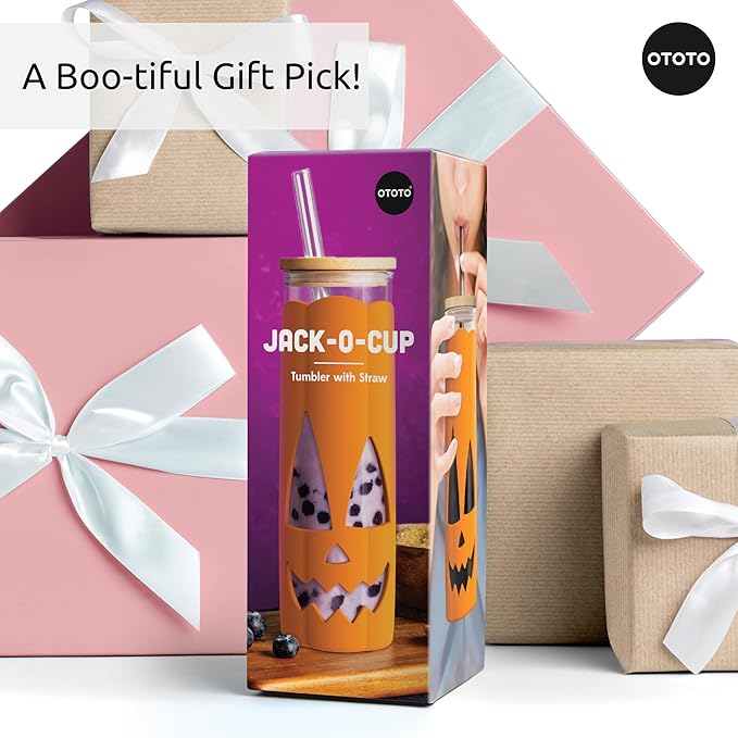 OTOTO NEW Jack-o-Cup Glass Cups with Lid and Straws - Glass Coffee Tumbler with Straws, Halloween, Goth, Witchy Gifts, Iced Coffee Cups, Glass tumbler with Bamboo Lid, 16.9oz