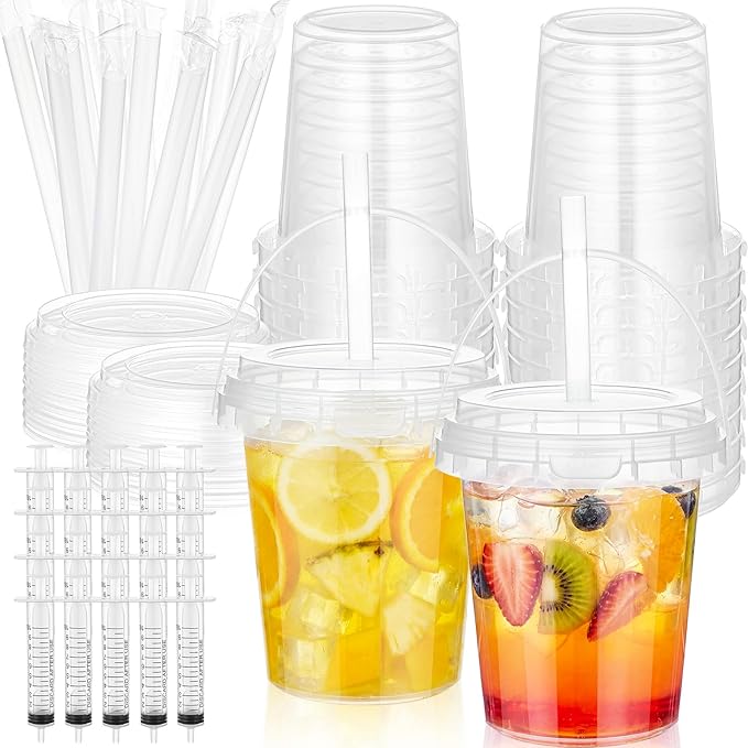 Willinglong 20 Set 34oz Clear Plastic Drink Buckets Rum Buckets for Drink with Straws, Lids and Beverage Syringes Reusable Iced Coffee Cups for Rum Wine Beer Cocktail Beverage Lemonades
