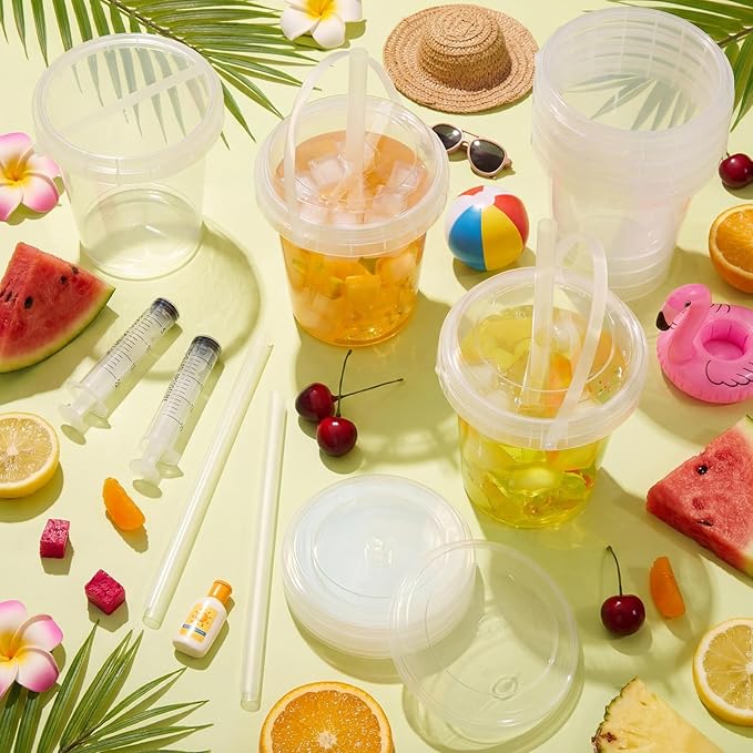 Willinglong 20 Set 34oz Clear Plastic Drink Buckets Rum Buckets for Drink with Straws, Lids and Beverage Syringes Reusable Iced Coffee Cups for Rum Wine Beer Cocktail Beverage Lemonades