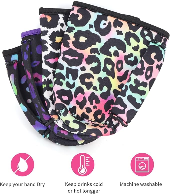 4Pack Reusable Iced Coffee Sleeve Insulator Sleeves for Cold Drinks Beverages, Neoprene Cup Holder for Most Coffee, Fits 22-24oz Medium Cups (Rainbow Leopard)