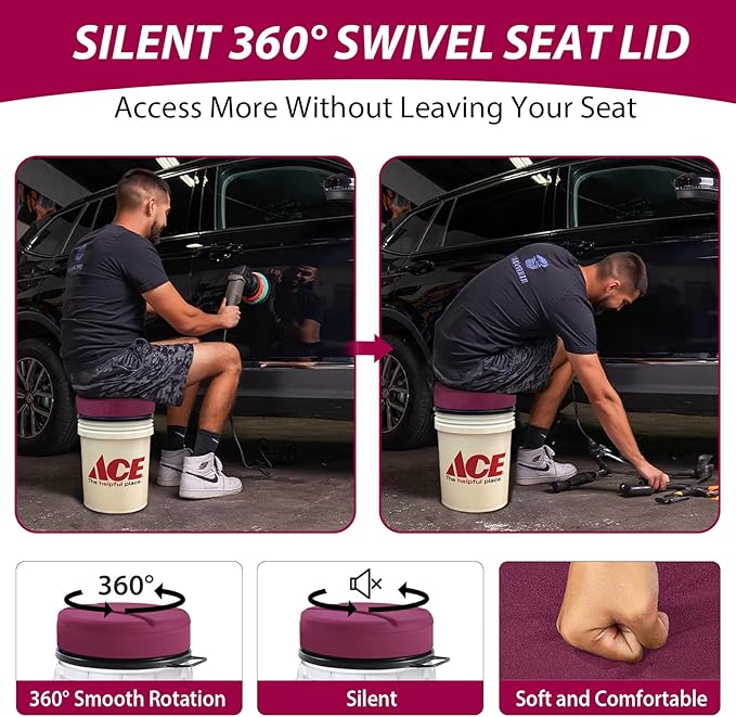 5 Gallon Bucket Seat with 3" Thick Seat Foam Cushion, 360°Swivel Bucket Lid Seat, Waterproof & Silent Bucket Seats for Dove Duck Hunting, Ice Fishing, Baseball, Camping